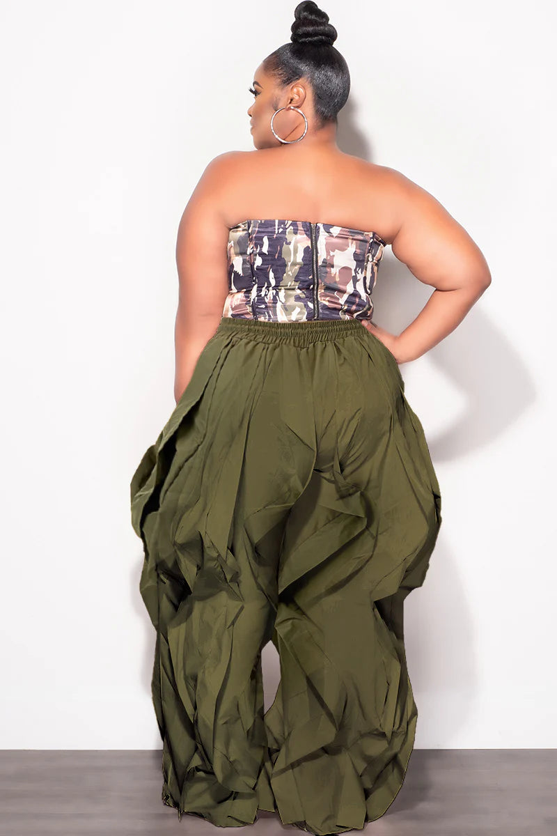 Wide Leg Drawstring Windbreaker Wavy Pants (Olive)