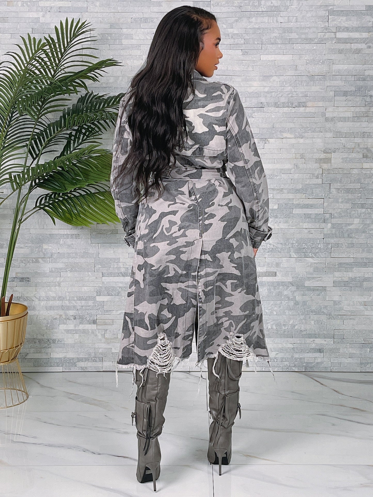 Gray Camo Distressed Trench Jacket