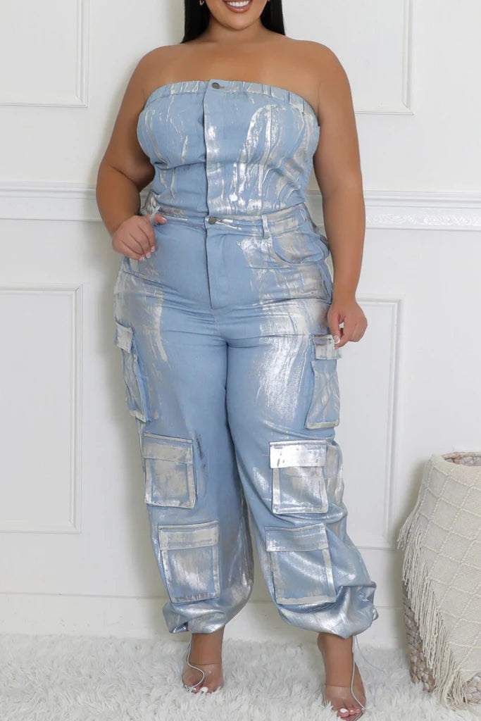 Metallic Foil Denim Cargo Jumpsuit