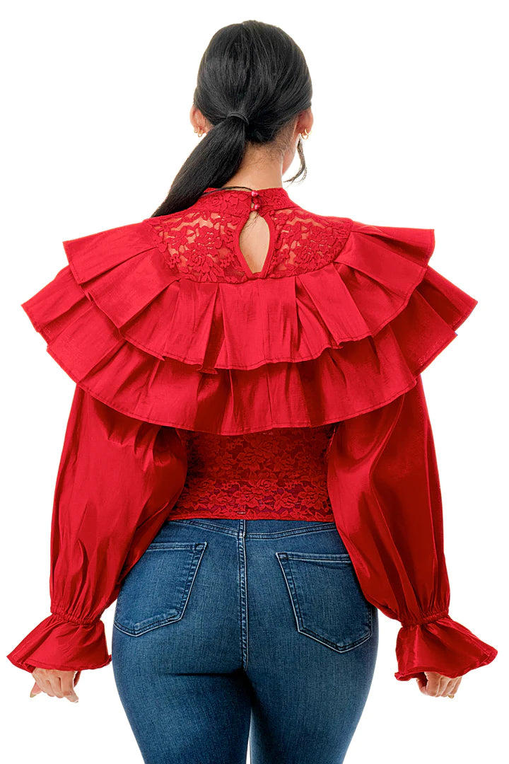 Mock Neck Lace Ruffle Top