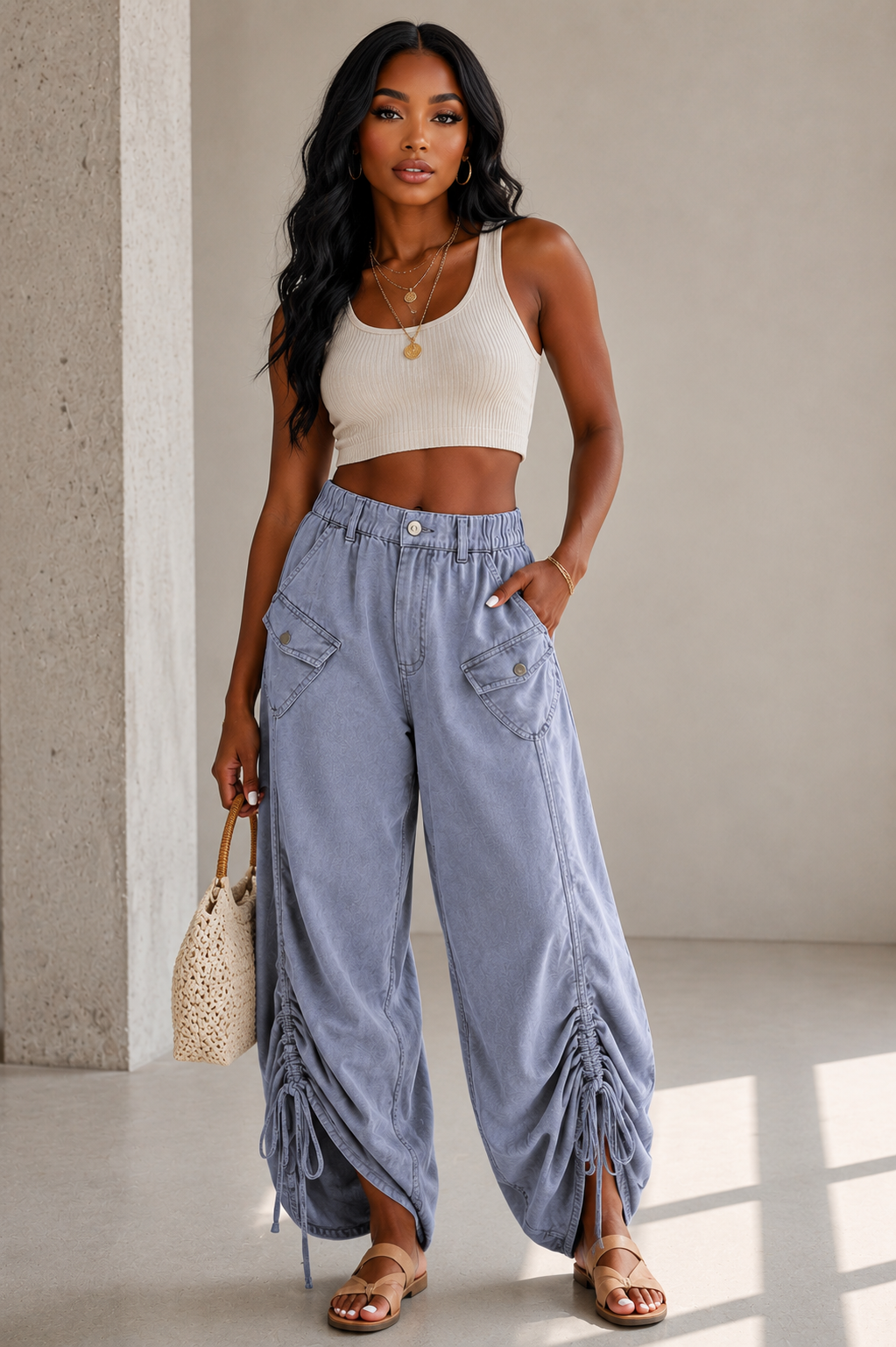 Cargo Ruched Tencel Capri Pants