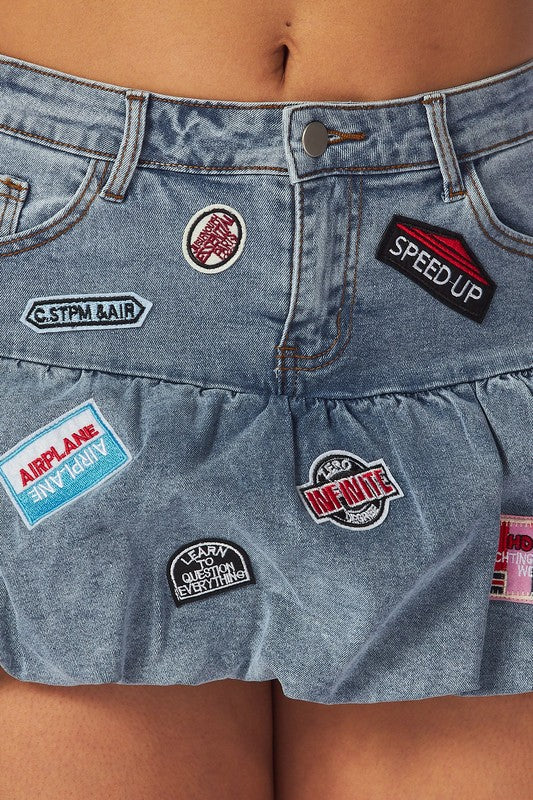 "Angie" Patch Denim Bubble Mini Skirt