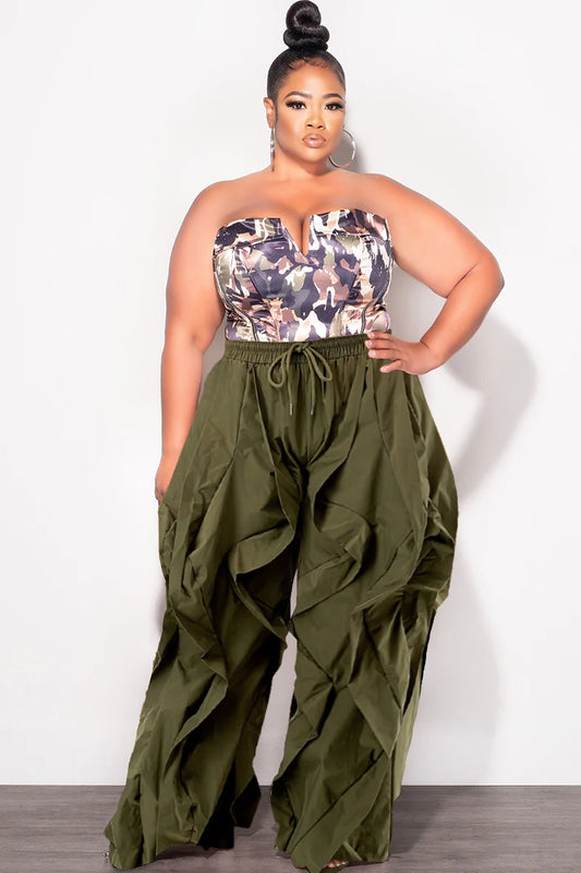 Wide Leg Drawstring Windbreaker Wavy Pants (Olive)