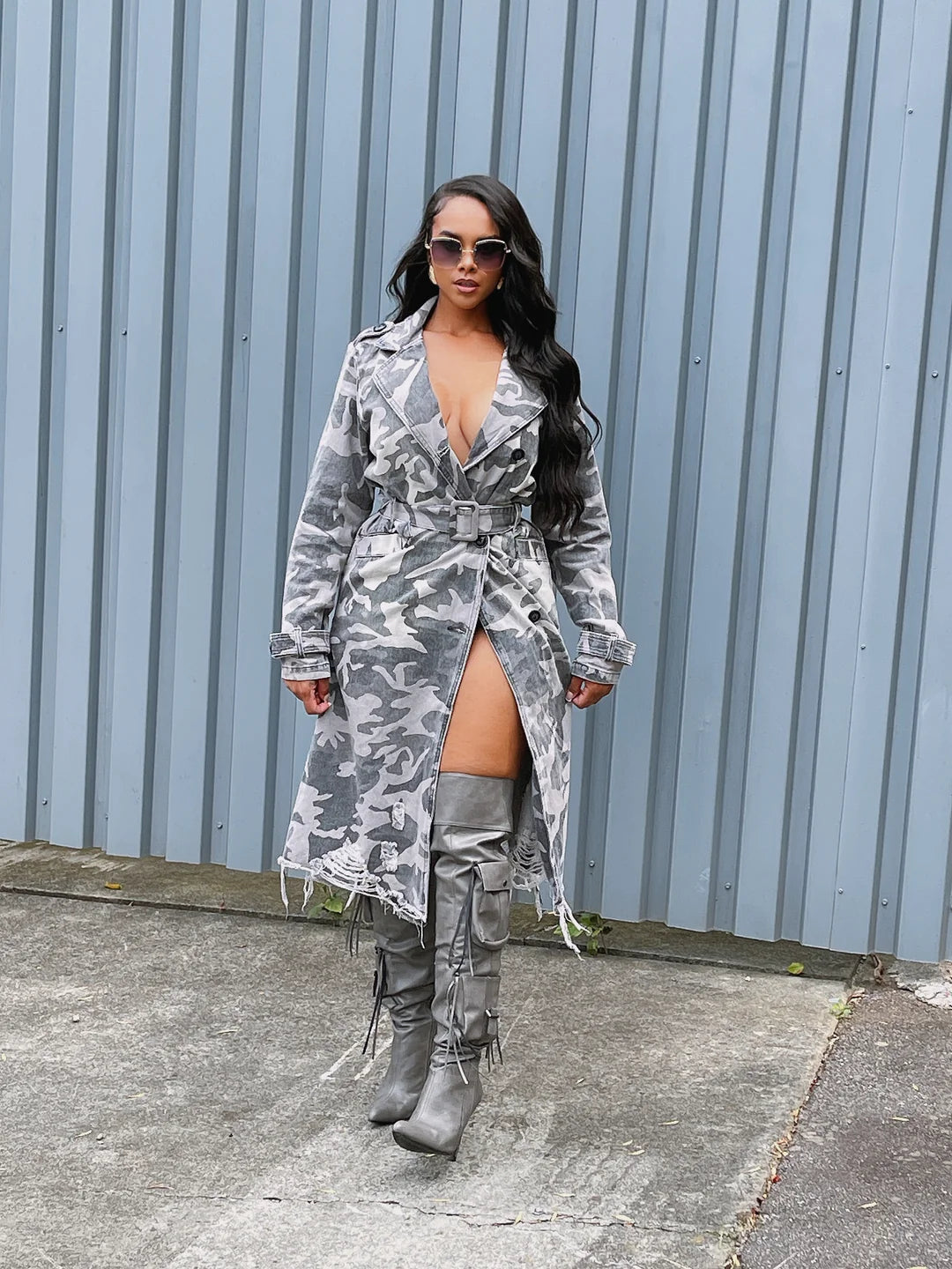 Gray Camo Distressed Trench Jacket