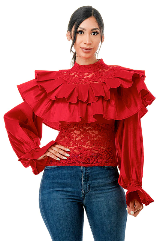 Mock Neck Lace Ruffle Top