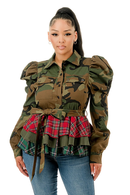Camo Puff Sleeve w/Plaid Print