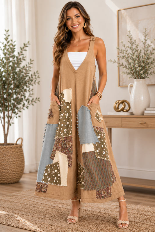 Taupe Patched Wide Leg Jumpsuit