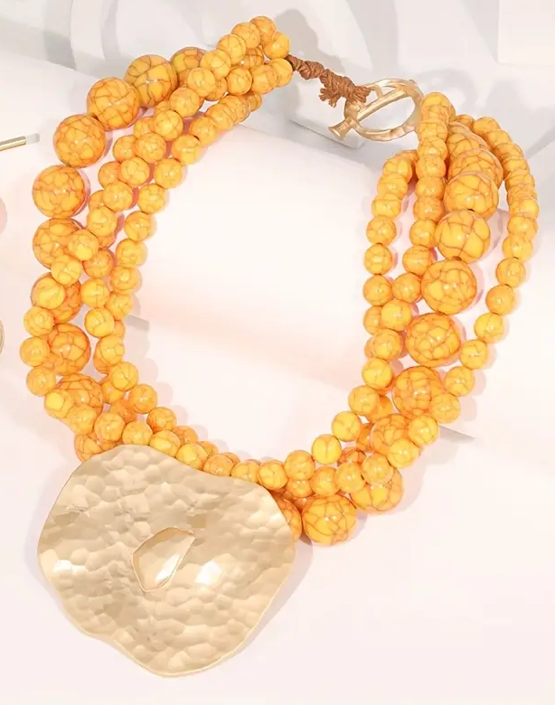 4 Strand Multi Beaded Hammered Pendant Statement Necklace