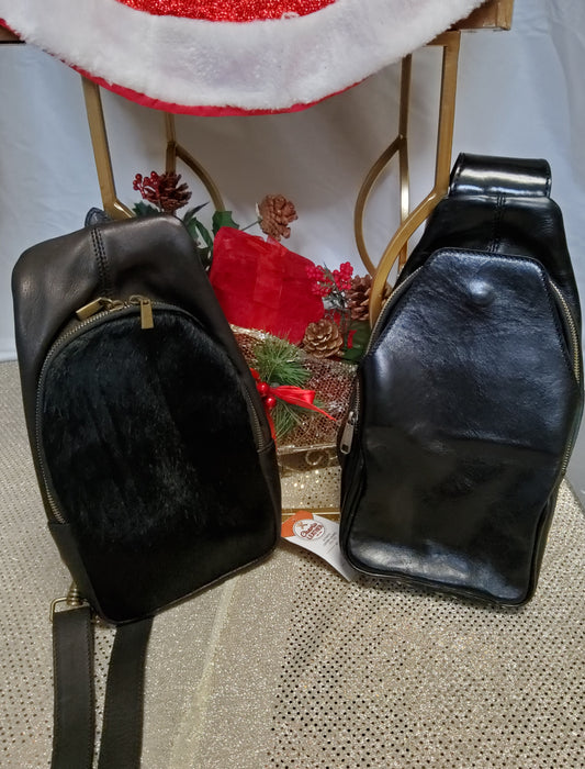 Men Black All Leather Sling Bag